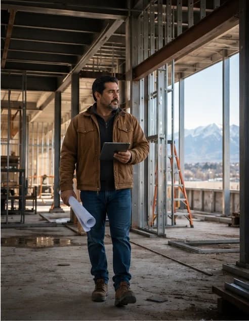 Construction business owner reviewing plans at an active project.
