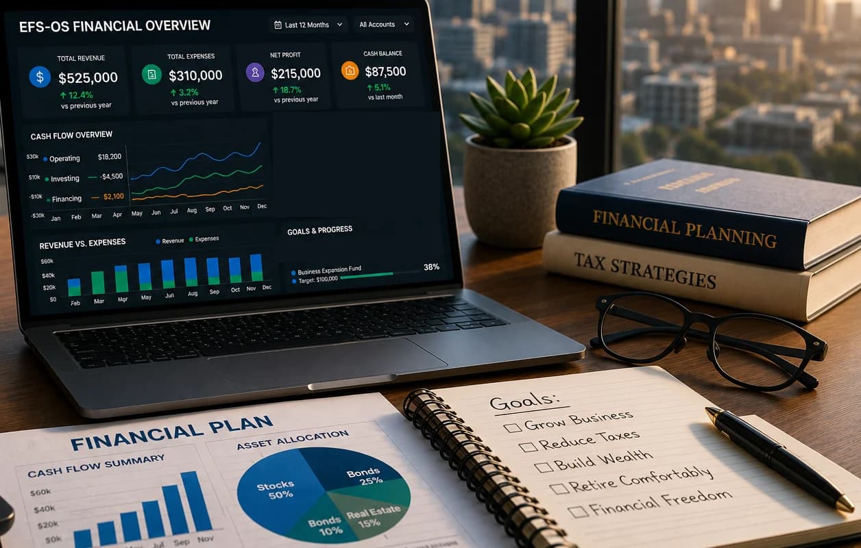 Business owner financial workspace showing EFS-OS alongside business, tax, and personal financial planning.