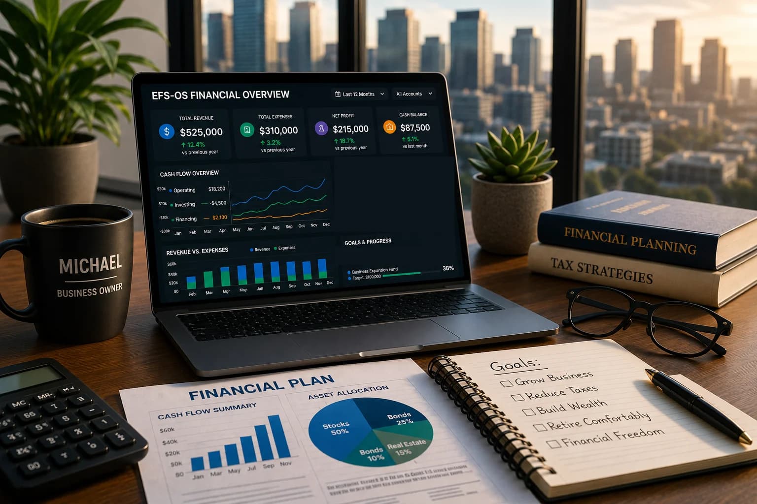 Business owner financial workspace showing EFS-OS alongside business, tax, and personal financial planning.
