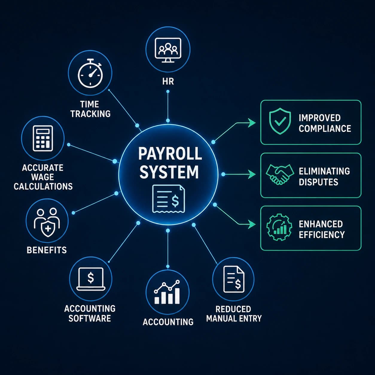 Payroll system connected with time tracking, benefits, accounting, wage calculations, and other business functions